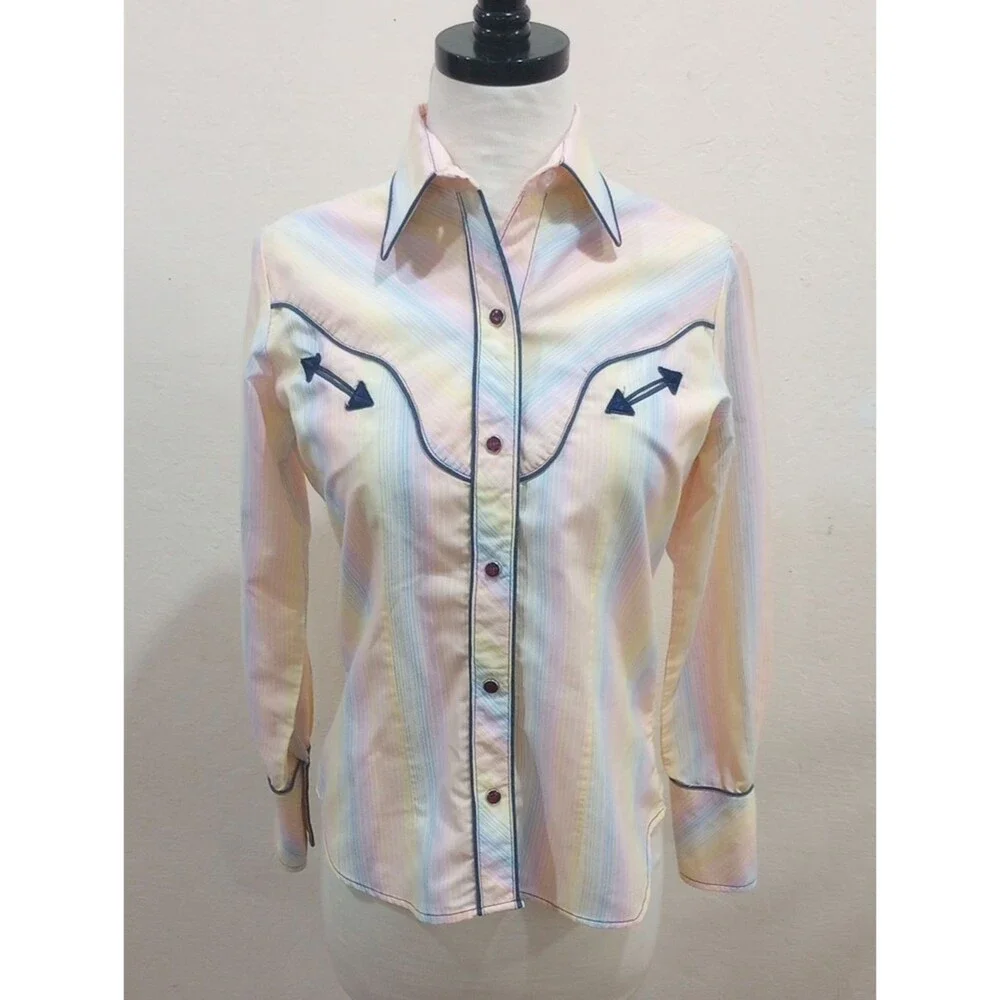 Pastel Striped Western Ranchwear Coastal Cowgirl Shirt Womens XS Girls Size 8/10